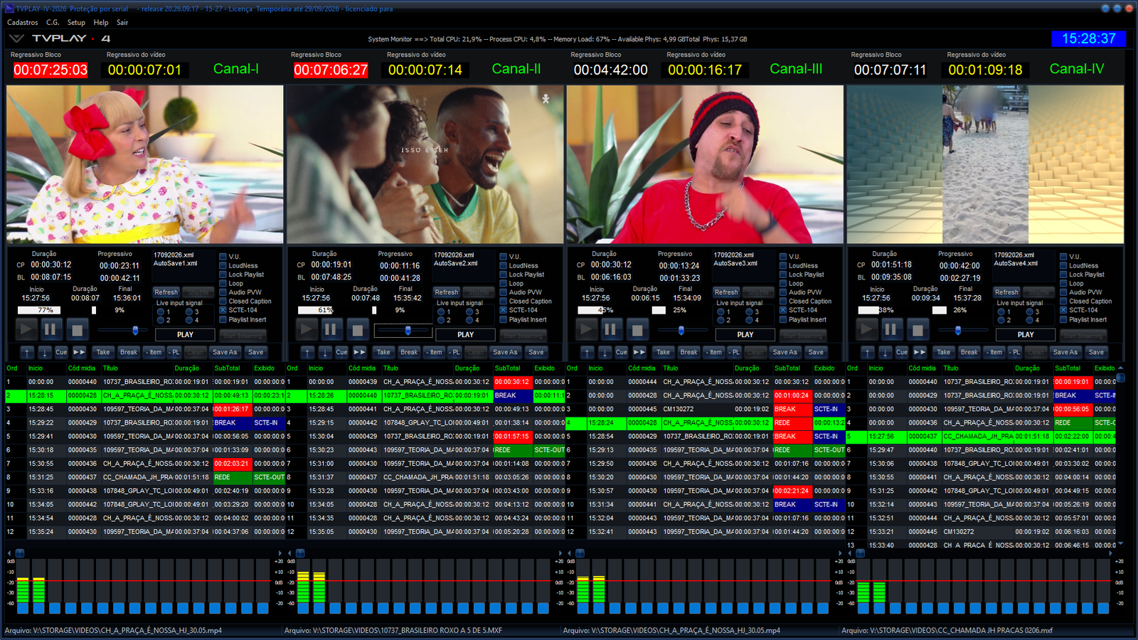 Interface do TVPLAY-4 em operação, com os 4 canais simultâneos e os selos de SCTE-IN/SCTE-OUT na grade da playlist