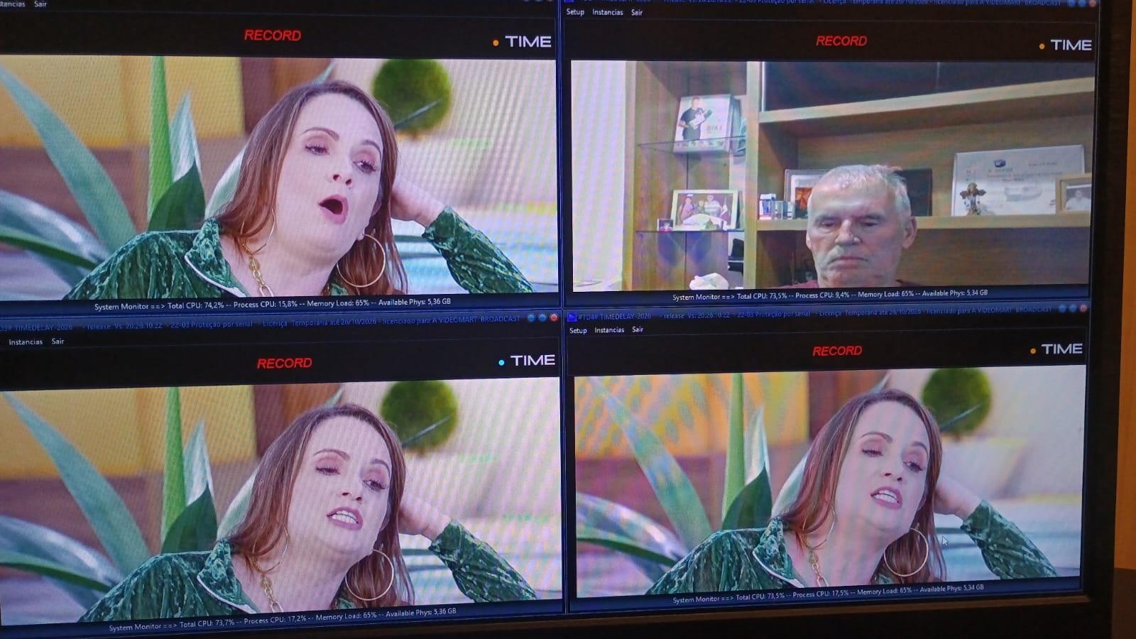Quatro instâncias do TIME-DELAY 2026 gravando simultaneamente, cada uma com seu próprio canal